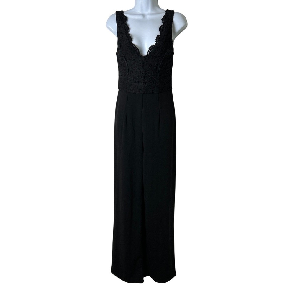 Mi Ami Womens Lace V-Neck Sleeveless Wide Leg Jumpsuit Size XS Black Chic NEW